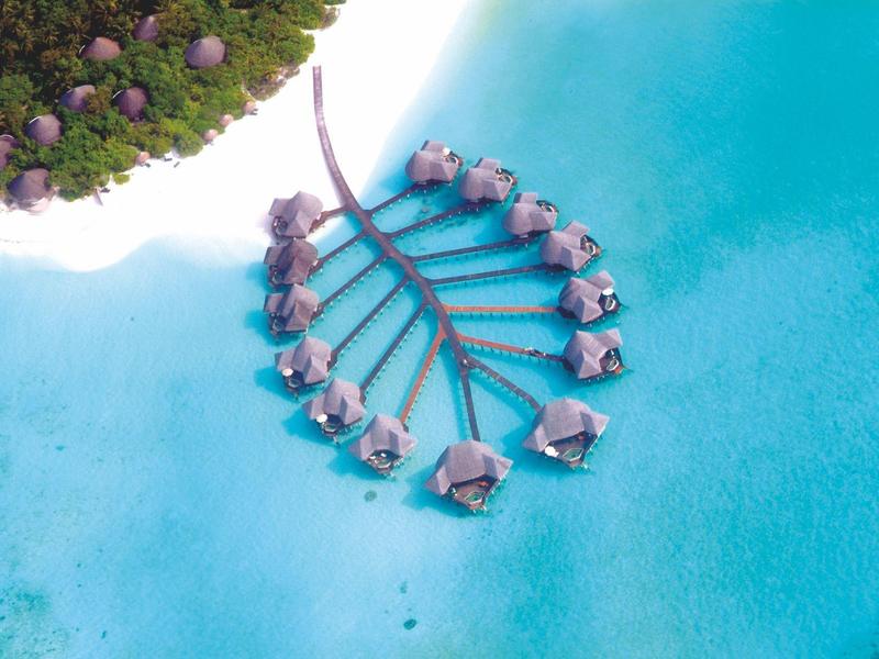 Luftaufnahme von über dem Wasser gebauten Bungalows, die sich in fächerförmiger Anordnung erstrecken.