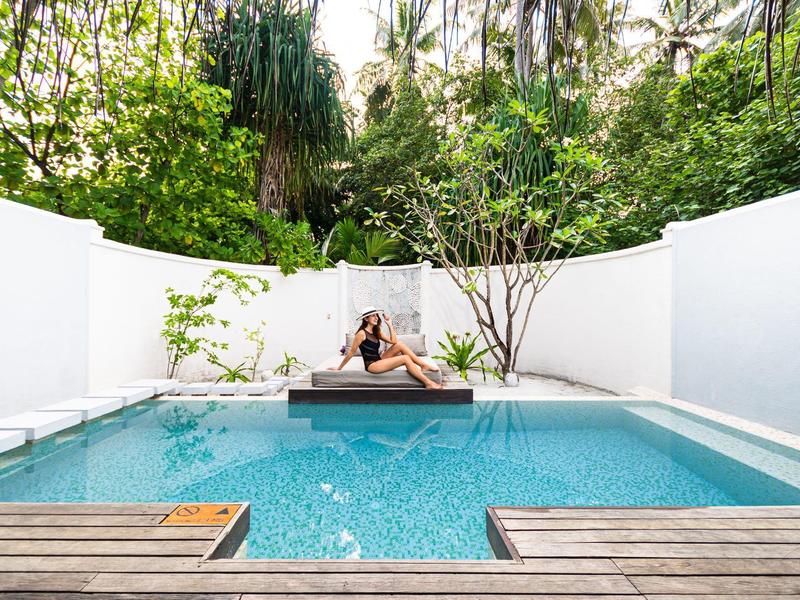 Klares blaues Wasser im rechteckigen Pool mit Holzdeck und grünem tropischem Hintergrund.
