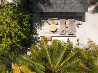 Luftaufnahme einer Terrasse mit Liegestühlen und Stühlen neben Palmen in einem tropischen Resort.