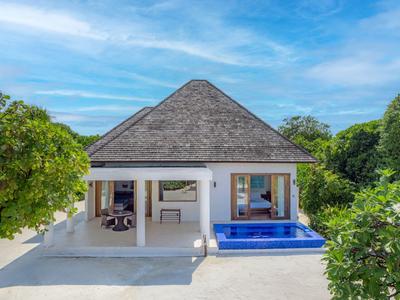 Modernes Ferienhaus mit privatem Pool, umgeben von Bäumen und klarem Himmel.