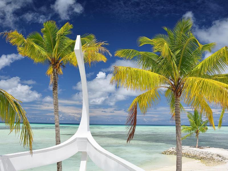 Ein weißes Boot im klaren, türkisfarbenen Meer mit Palmen und blauem Himmel im Hintergrund.