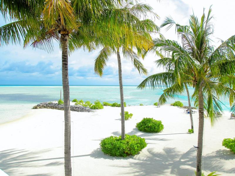 Weißer Sandstrand mit grünen Palmen und klarem, ruhigem türkisfarbenem Meer im Hintergrund.