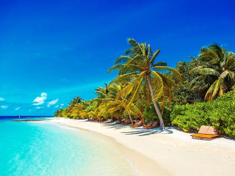 Strand mit weißem Sand, türkisfarbenem Wasser und Palmen unter klarem blauem Himmel.