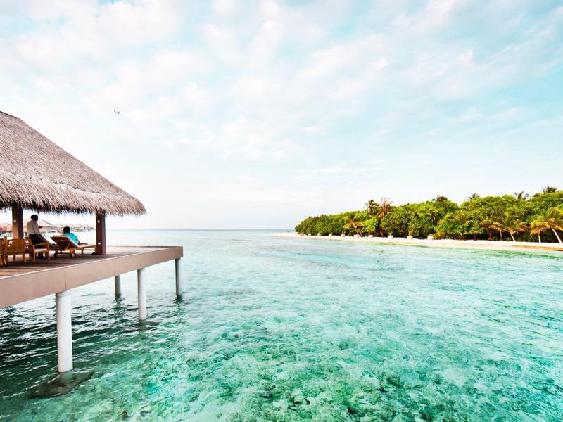 Ein Steg mit Strohdach über klarem, türkisfarbenem Wasser, mit Palmen am Strand im Hintergrund.