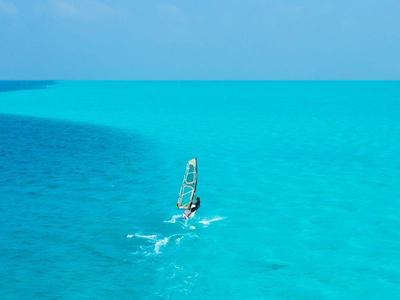 Une personne surfe sur une planche sur une eau turquoise.