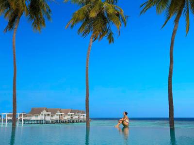 Person schwimmt im Infinity-Pool mit Blick auf Meer und Palmen am Strand.