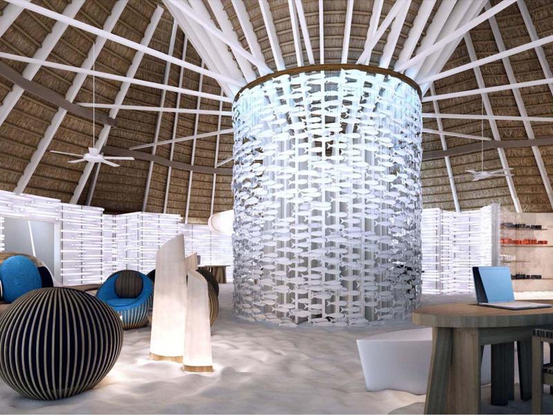 Modernes, offenes Restaurant mit rundem Dach, weißen Wänden und hellem Interieur.