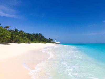 Weißer Sandstrand mit klarem blauem Wasser und bewaldeter Küste unter blauem Himmel.