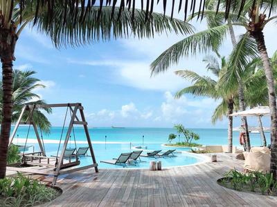 Tropischer Poolbereich mit Palmen, Hängesesseln und Blick auf das blaue Meer.