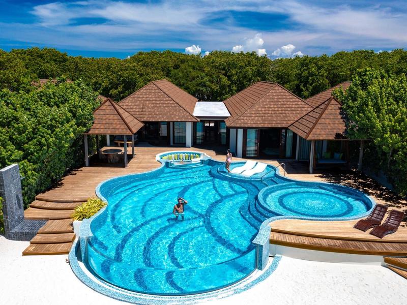 Großer, geschwungener Pool vor modernem Haus, umgeben von viel Grün und blauem Himmel.
