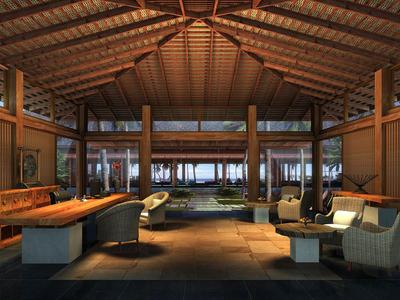 Großzügige Hotel-Lobby mit Holzbalkendecke, gemütlichen Sitzbereichen und Panoramafenstern.