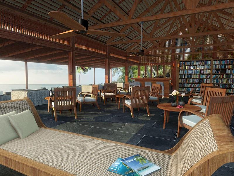 Großer, offener Lounge-Bereich mit modernen Sitzmöbeln und großer Fensterfront zum Meer.