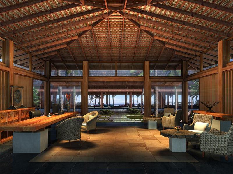 Moderner Hotel-Loungebereich mit Stühlen, langen Holztischen und Holzbalkendecke.