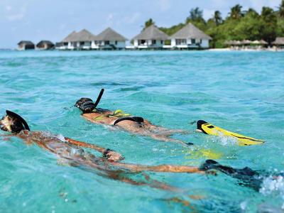 Due persone fanno snorkeling in acqua limpida e blu vicino a un'isola tropicale con bungalow.
