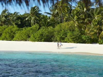 Zwei Personen laufen am weißen Sandstrand entlang, umgeben von tropischen Palmen und klarem blauem Wasser.