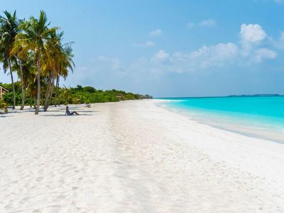 Weißer Sandstrand mit Palmen und türkisfarbenem Meer unter blauem Himmel.