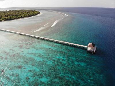Long quai mène à une petite cabane au-dessus d’une eau turquoise claire près d’une île boisée.