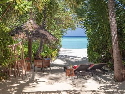 Cienista ścieżka przez tropikalne rośliny prowadzi na biały, piaszczysty plażę i niebieskie morze.