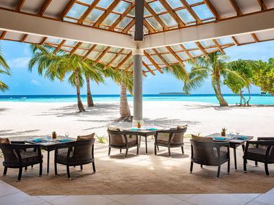 Zadaszony taras z stołami i krzesłami z widokiem na plażę i palmy.