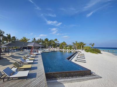 Modern pool area with sun loungers on the beach, palm trees, and clear blue sky.