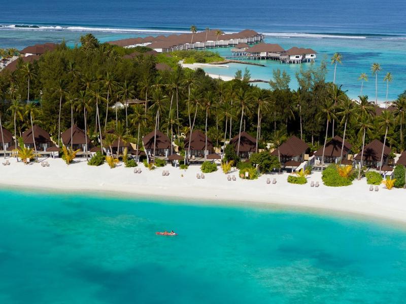 Resort sulla spiaggia con palme e bungalow vicino al mare turchese