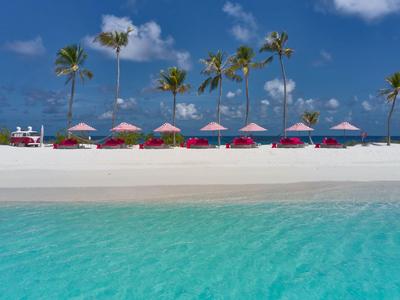 Plage avec parasols blancs, palmiers et eau turquoise sous un ciel bleu.