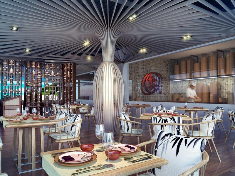 Stylowa restauracja hotelowa z eleganckimi stołami, nowoczesnymi krzesłami i klimatycznym oświetleniem.