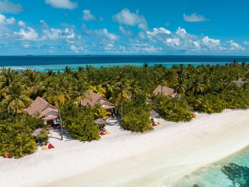 Tropikalna plaża z białym piaskiem, palmami i chatkami krytymi strzechą przy oceanie.