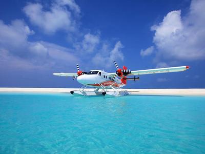 Avión hidroavión sobre agua turquesa clara frente a playa de arena blanca y cielo azul.