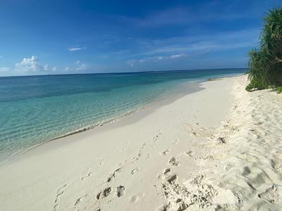 Plaża z białym piaskiem, czystym morzem i spokojnym niebieskim niebem