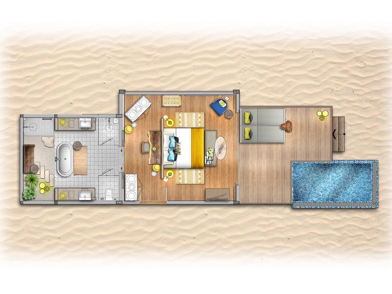 Plan d'un bungalow avec chambre, salle de bain, salon et terrasse avec piscine.