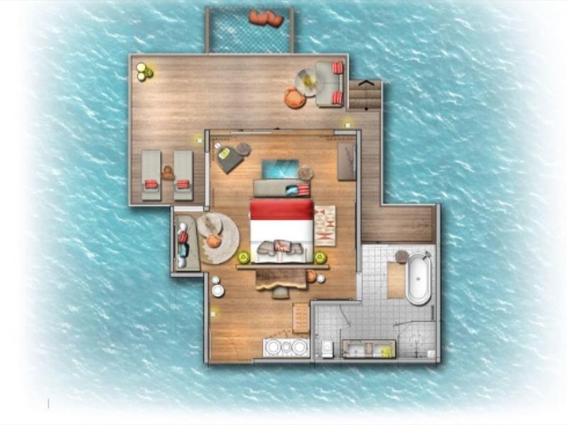 Plan d'une suite bungalow sur l'eau avec chambre, salle de bain et terrasse sur l'eau.