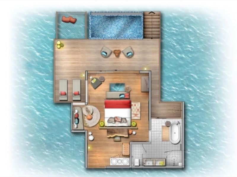 Plan d'une villa sur l'eau avec chambre, salon, salle de bain et piscine extérieure