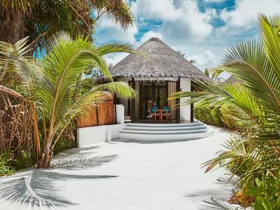 Bungalow con techo de palma rodeado de palmeras y camino de arena blanca bajo cielo azul.