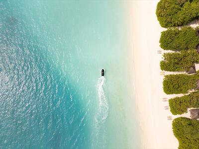 Vista aérea de un bote navegando en agua turquesa clara junto a una playa de arena blanca con árboles verdes.