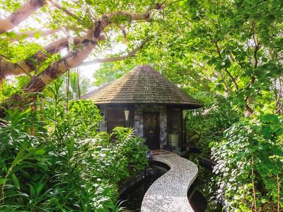 Ein kurviger Gehweg führt zu einem kleinen Pavillon, umgeben von dichtem, grünem Laub.
