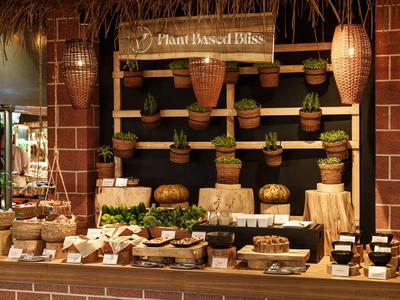 Rustikales Buffet mit Pflanzenbasierten Speisen und Dekoration in Tontöpfen.