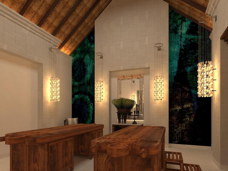 Gemütlicher Raum mit Holzmöbeln und warmem Licht, offen zur Natur mit Blick auf Bäume.