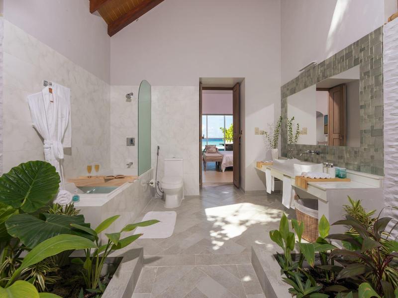 Lichte badkamer met planten, grote douche en uitzicht op aangrenzende kamer.