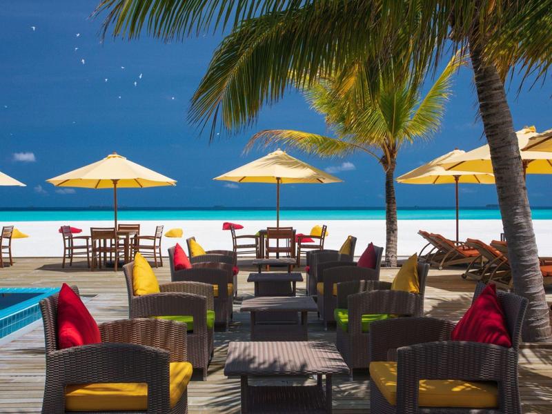 Hotel sulla spiaggia con terrazza in legno, sedie, ombrelloni e palme sotto un cielo limpido.