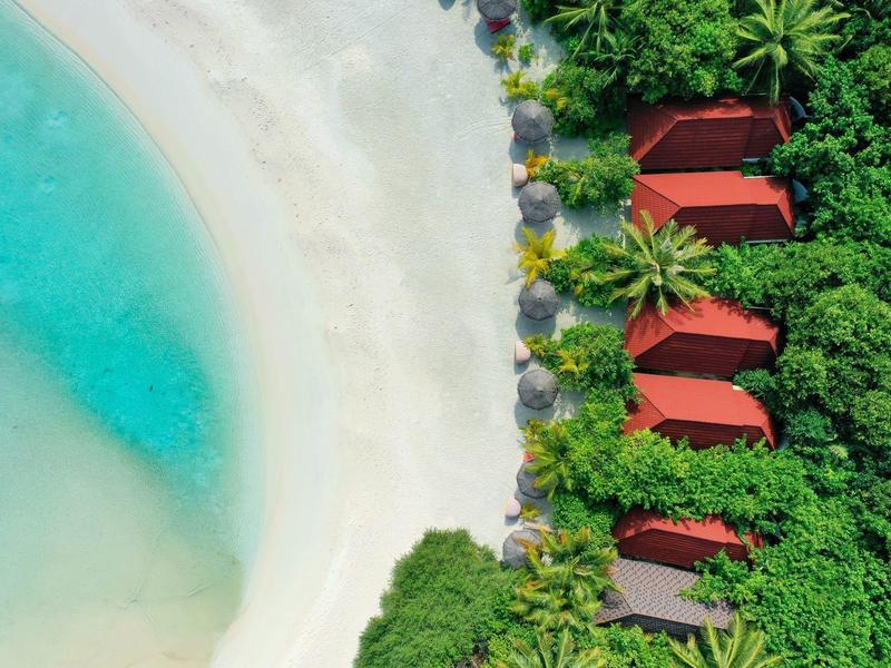 Bungalow sulla spiaggia vicino al mare turchese, circondati da rigogliosa vegetazione tropicale.