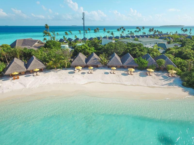 Spiaggia con bungalow con tetto di paglia, palme e acqua turchese chiara in una località tropicale.