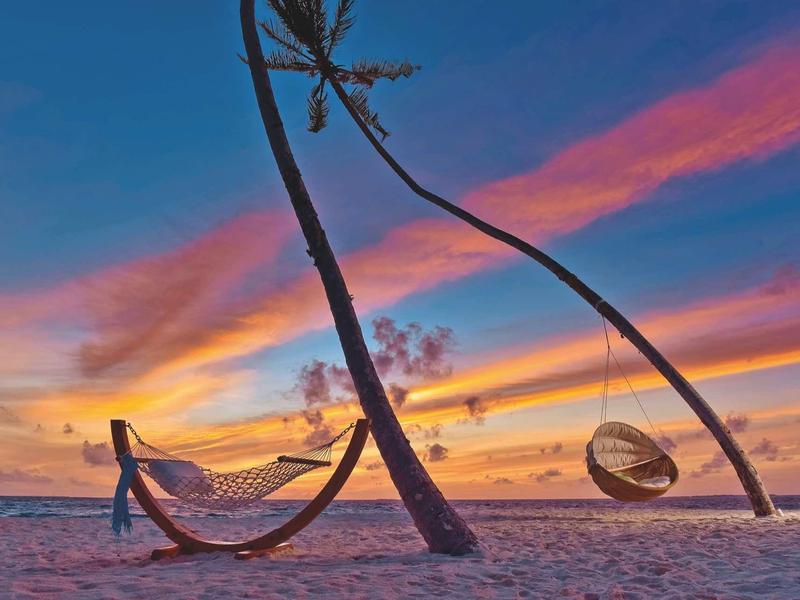 Strand mit Hängematten zwischen schrägen Palmen bei buntem Sonnenuntergangshimmel.