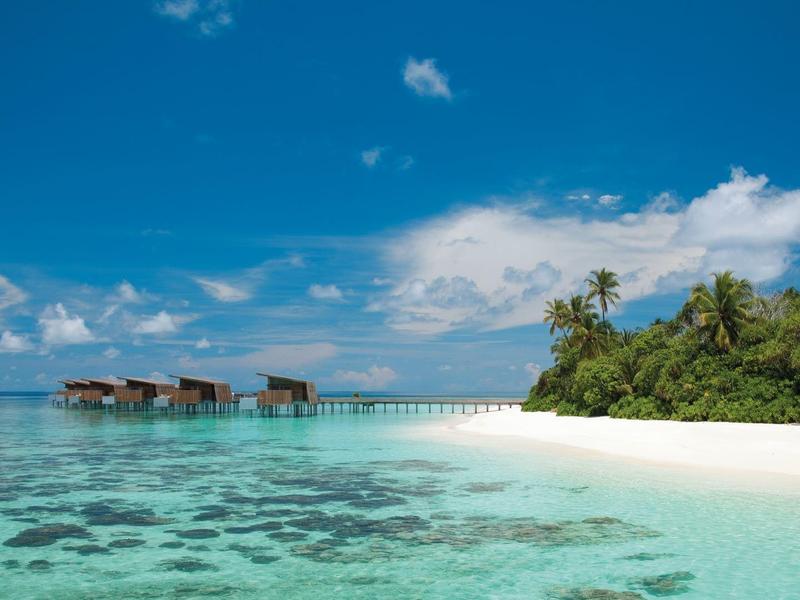 Plage avec sable blanc, eau turquoise et bungalows sur pilotis sous un ciel bleu