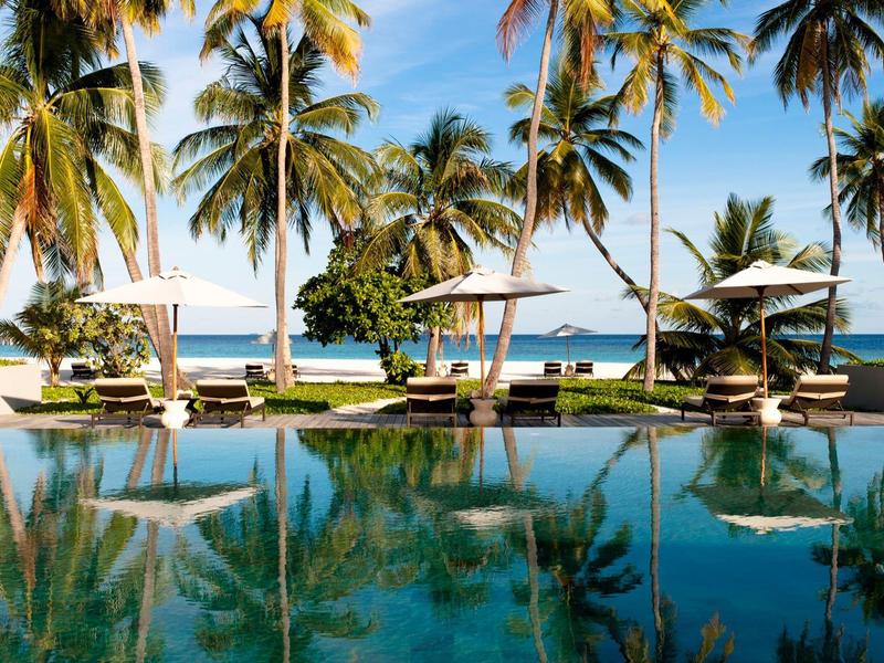 Piscine de luxe avec chaises longues et palmiers sur une plage tropicale sous un ciel bleu.