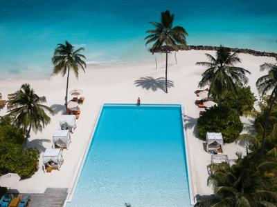 Rechteckiger Pool mit Liegestühlen, Palmen und Blick auf den Ozean am Sandstrand.
