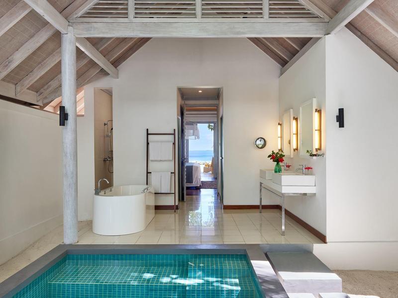 Modernes Badezimmer mit freistehender Badewanne und Innenpool unter Dachschrägen.