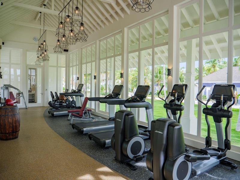 Nowoczesna siłownia z bieżniami i orbitrekami przy dużych oknach z widokiem na zieleń.