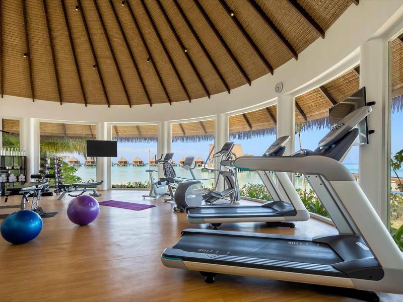 Moderner Fitnessraum mit Laufbändern, Hanteln, Gymnastikbällen und Panoramafenstern.