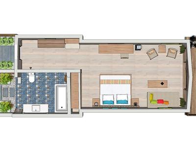 Plattegrond van een moderne hotelkamer met balkon, badkamer en plantenruimte.
